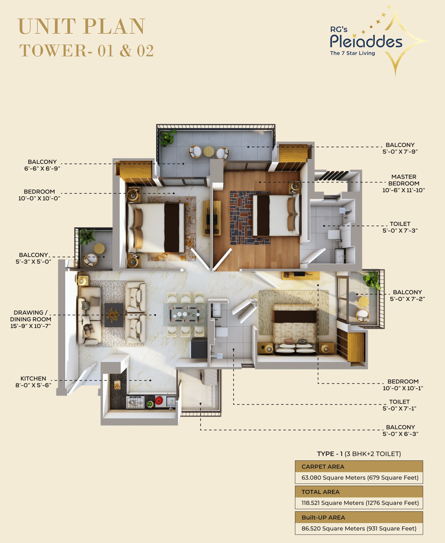 PLEIADDES 3BHK+2T floor plan