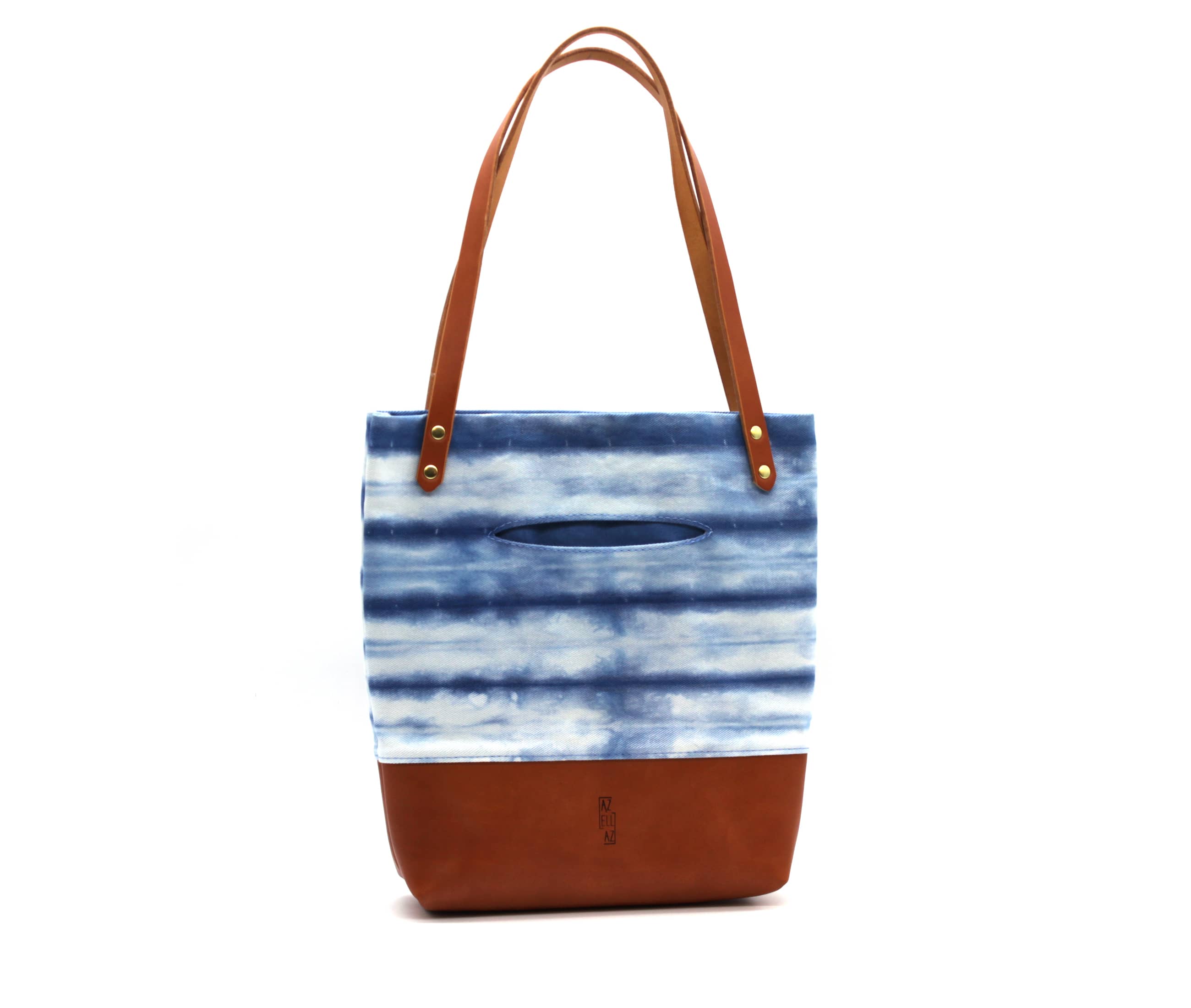 Indigo Shibori Small Tote / Tan Leather by Azellaz