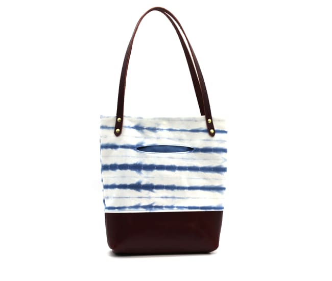 Indigo Shibori Small Tote / Maroon Leather by Azellaz