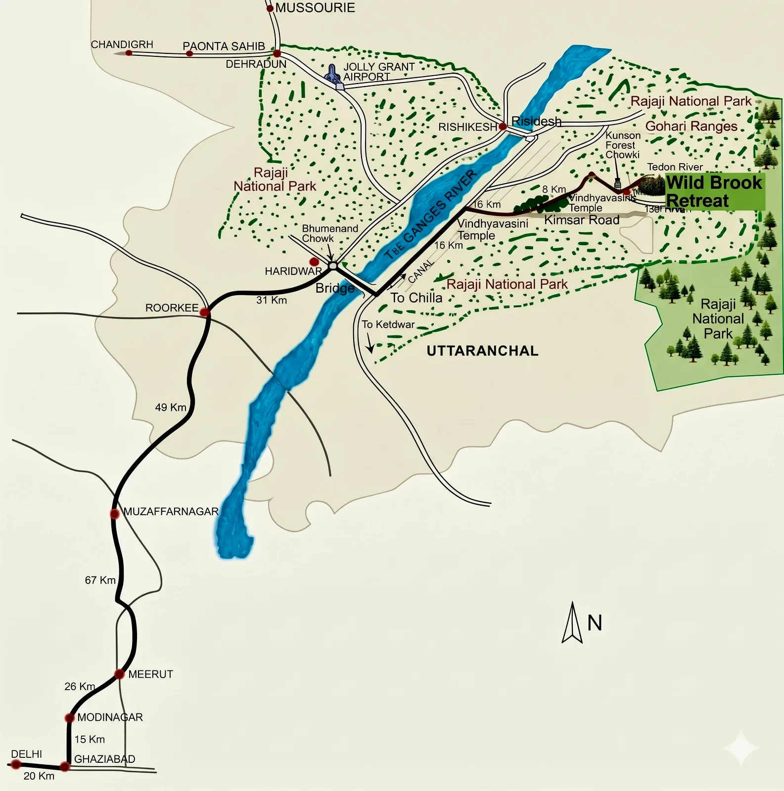 Route map to Rajaji National Park: Delhi, Meerut, Roorkee, Haridwar, Rishikesh, Dehradun, Chilla and Wild Brook Retreat