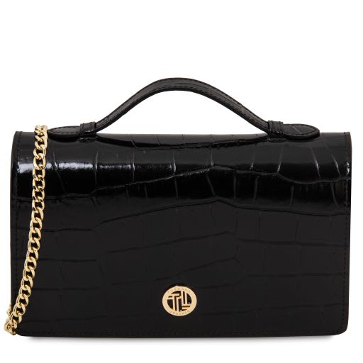 Opera Croque - Croc print leather clutch with chain strap - Black