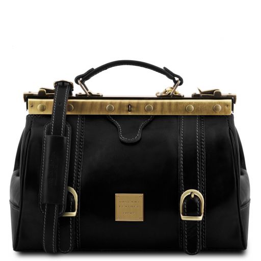Monalisa - Doctor gladstone leather bag with front straps - Black