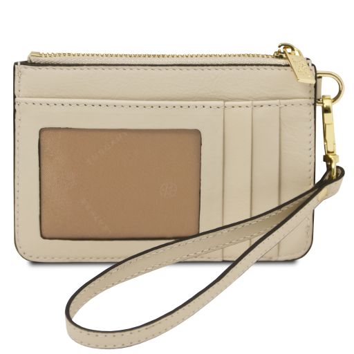 Leather card holder with handle - Beige