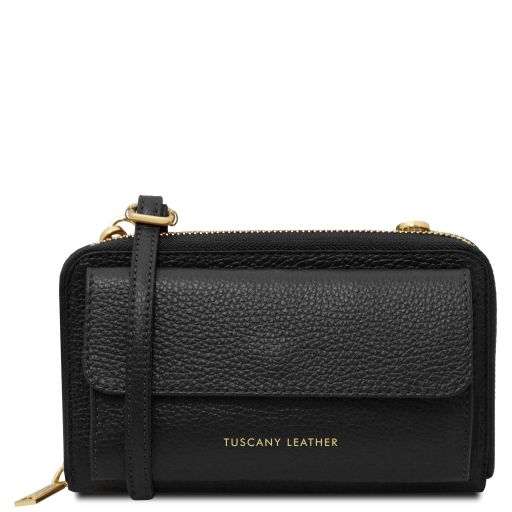Urania - Leather wallet/phone holder with strap - Black