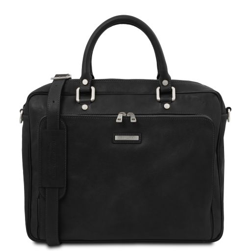 Pisa - Leather laptop briefcase with front pocket - Black