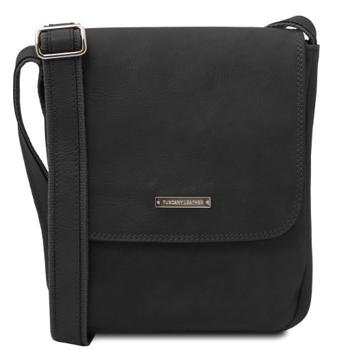 John - Leather crossbody bag for men with front zip - Black