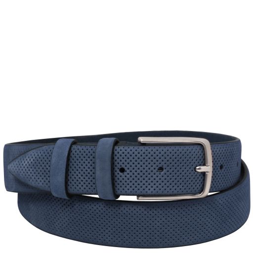 Elegant perforated nubuck leather belt 35mm - Dark Blue - 105 cm