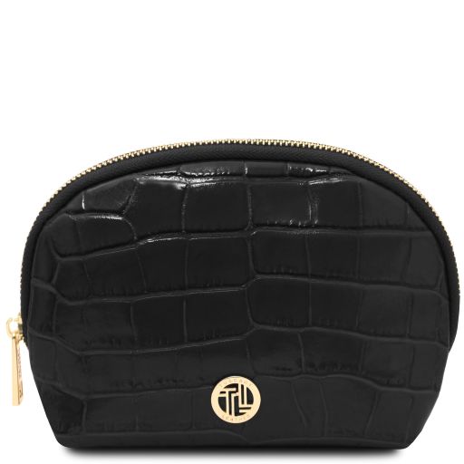 Vera - Croc print leather toiletry case - Black