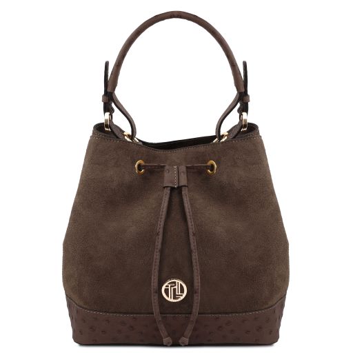 Tuscany Leather Ostrea - Suede and ostrich-effect printed leather bucket bag (TL142646)