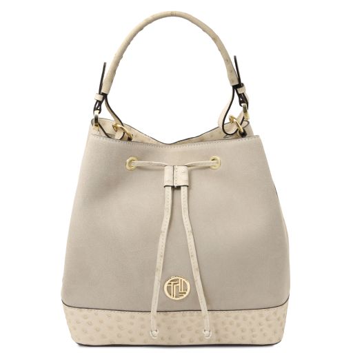 Ostrea - Suede and ostrich-effect printed leather bucket bag - Beige