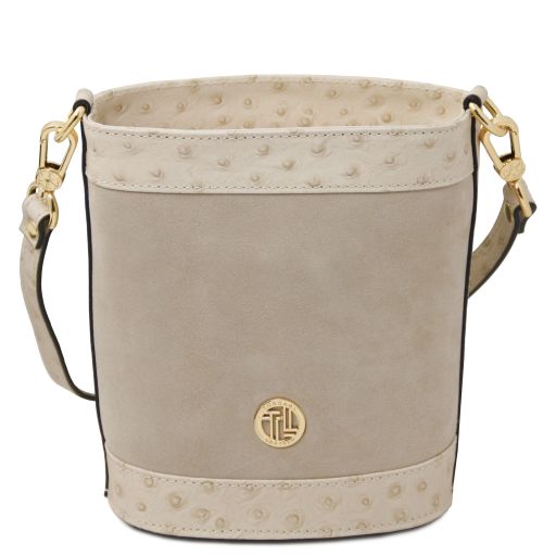 Ostrea - Suede and ostrich-effect printed leather bucket bag - Beige