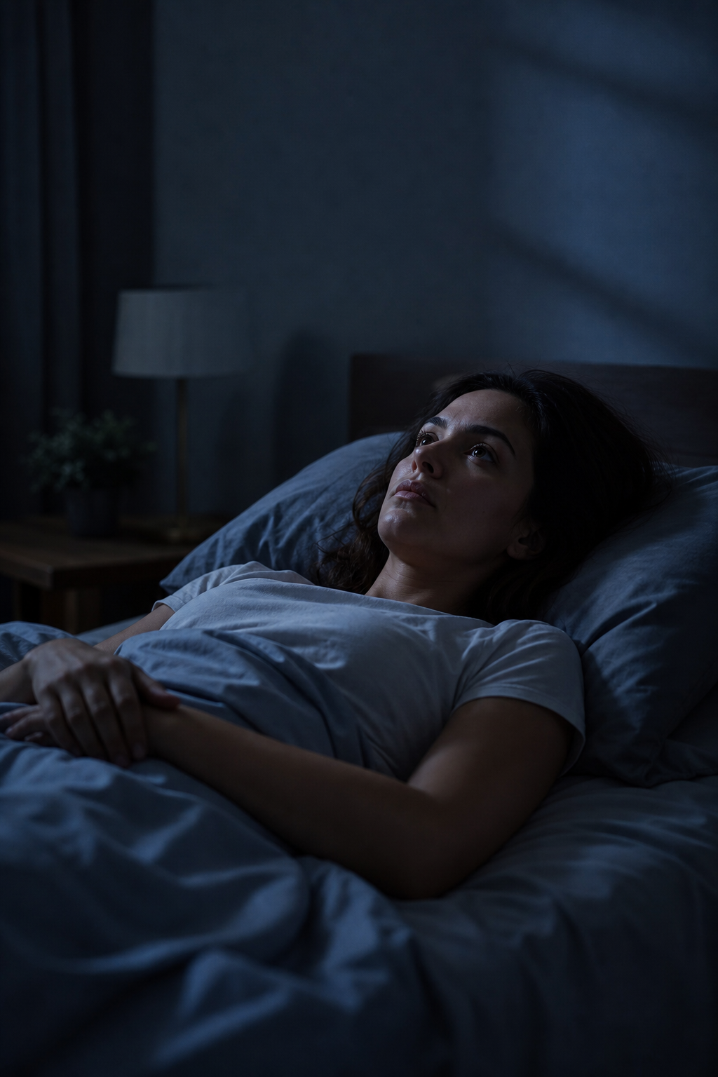 Pessoa deitada na cama à noite com olhos abertos, representando insônia