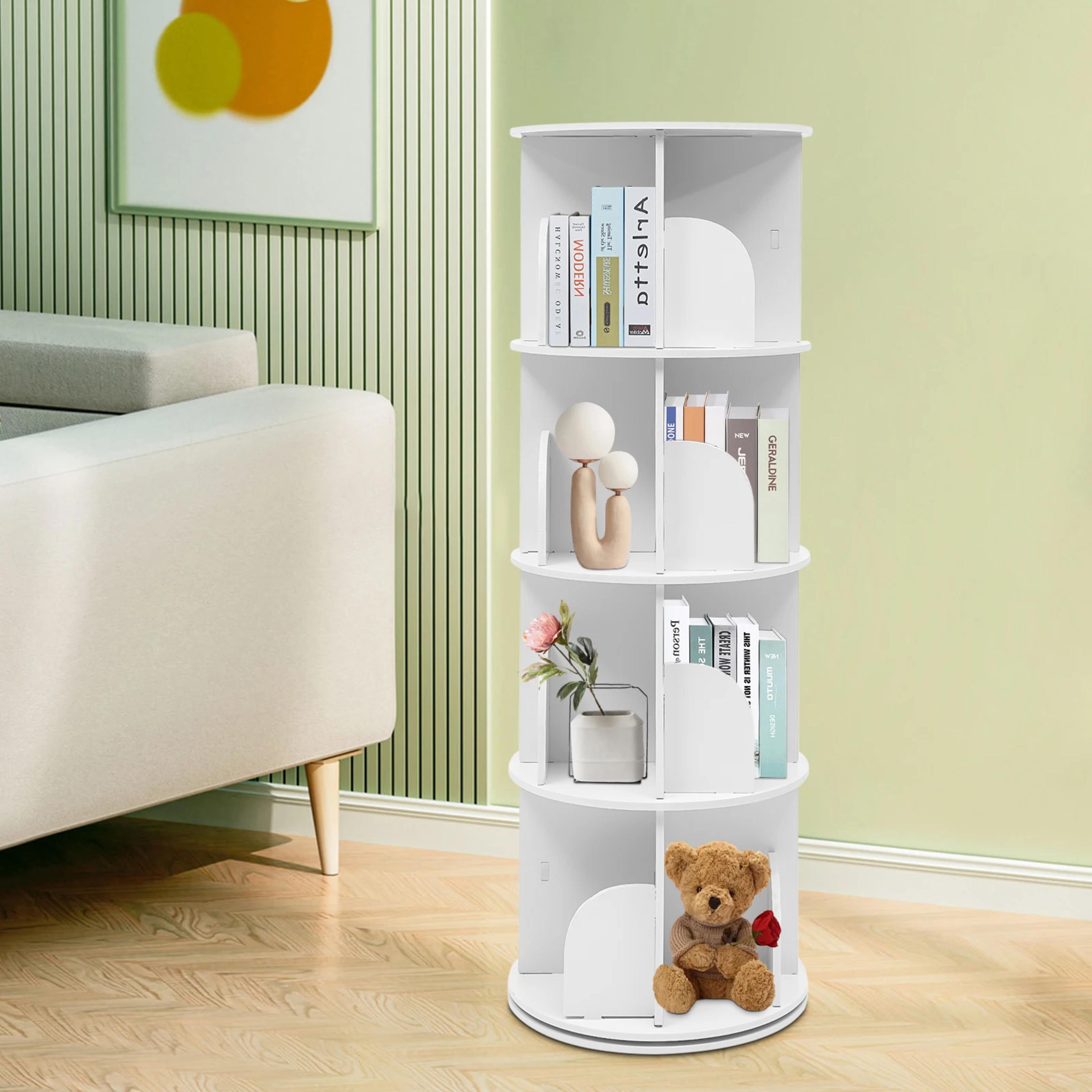2/4-Tier Wooden Rotatable Bookshelf - 360°Display Floor Standing Storage Rack, White Multifunctional Bookshelf Organizer