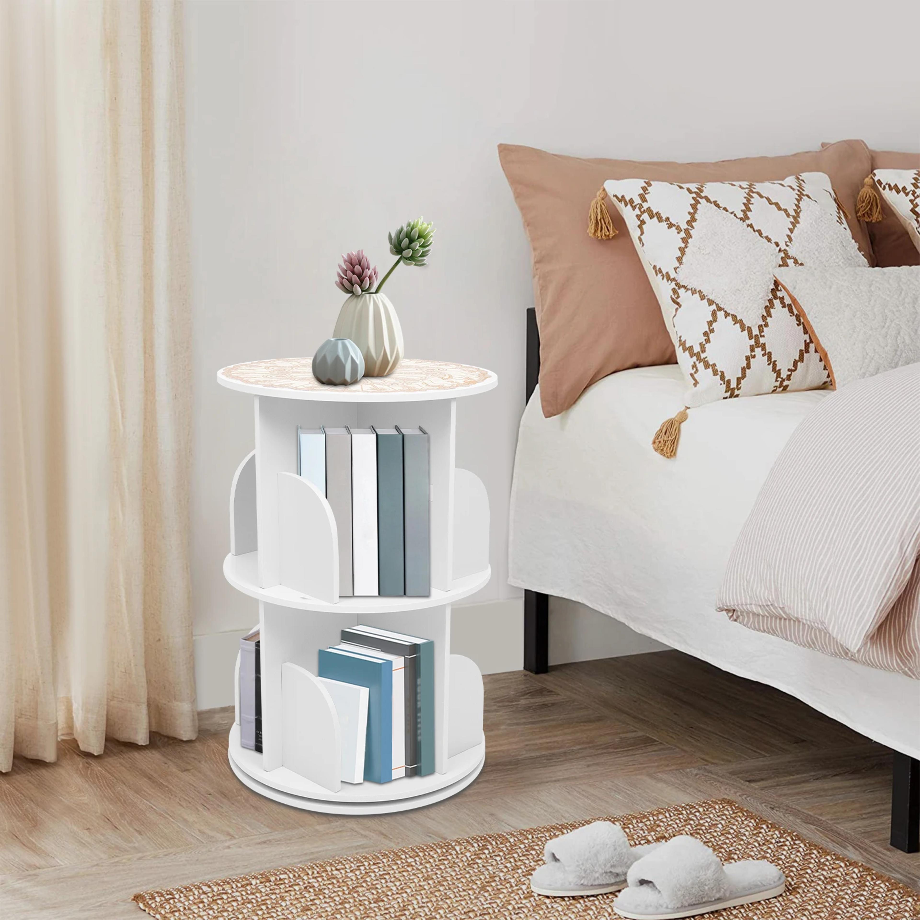 2/4-Tier Wooden Rotatable Bookshelf - 360°Display Floor Standing Storage Rack, White Multifunctional Bookshelf Organizer view 3