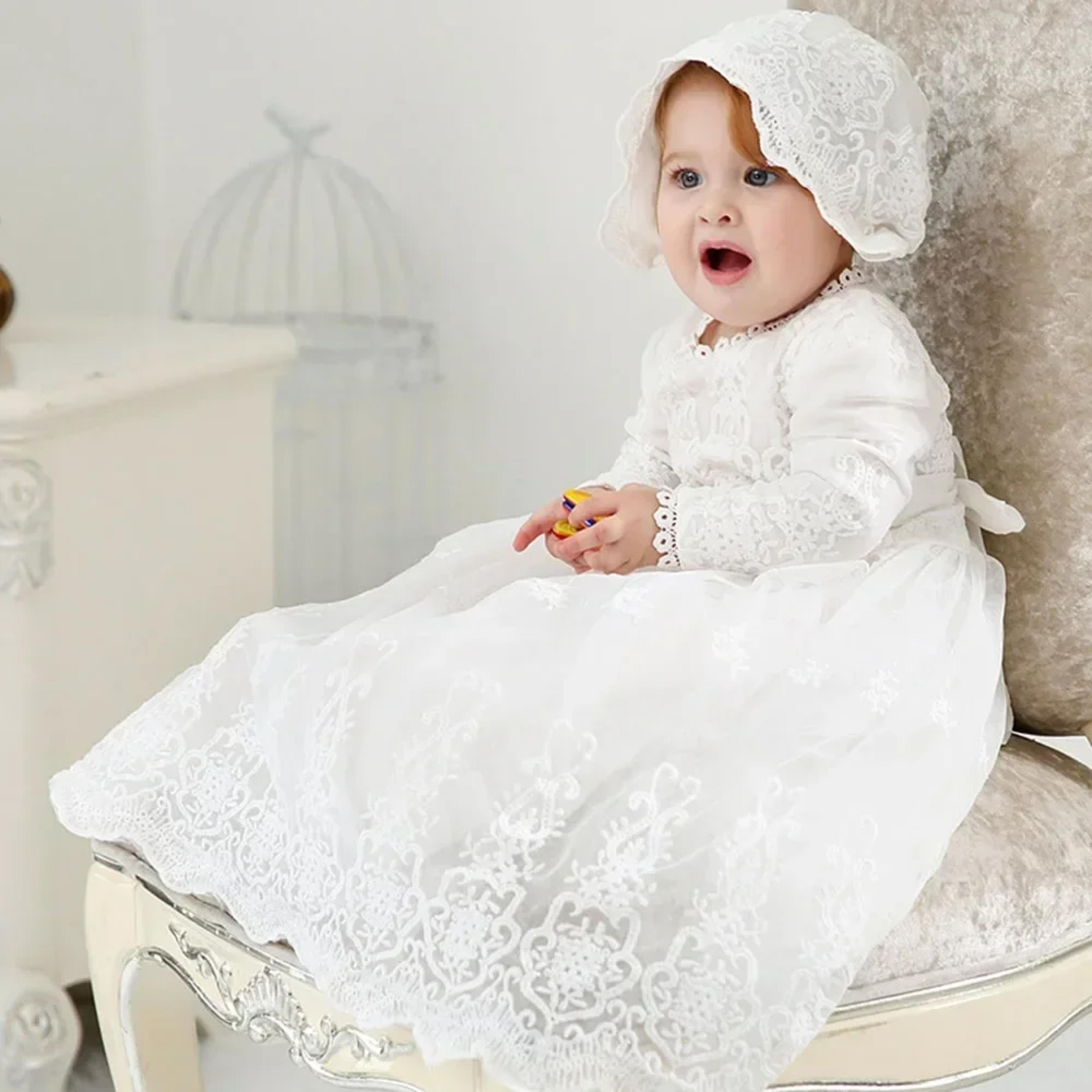 2025 Kids Girls Clothes Christening Birthday Outfits White Infant Princess Dress Baptism Baby Girls Matching Lace with Hat 1-3y