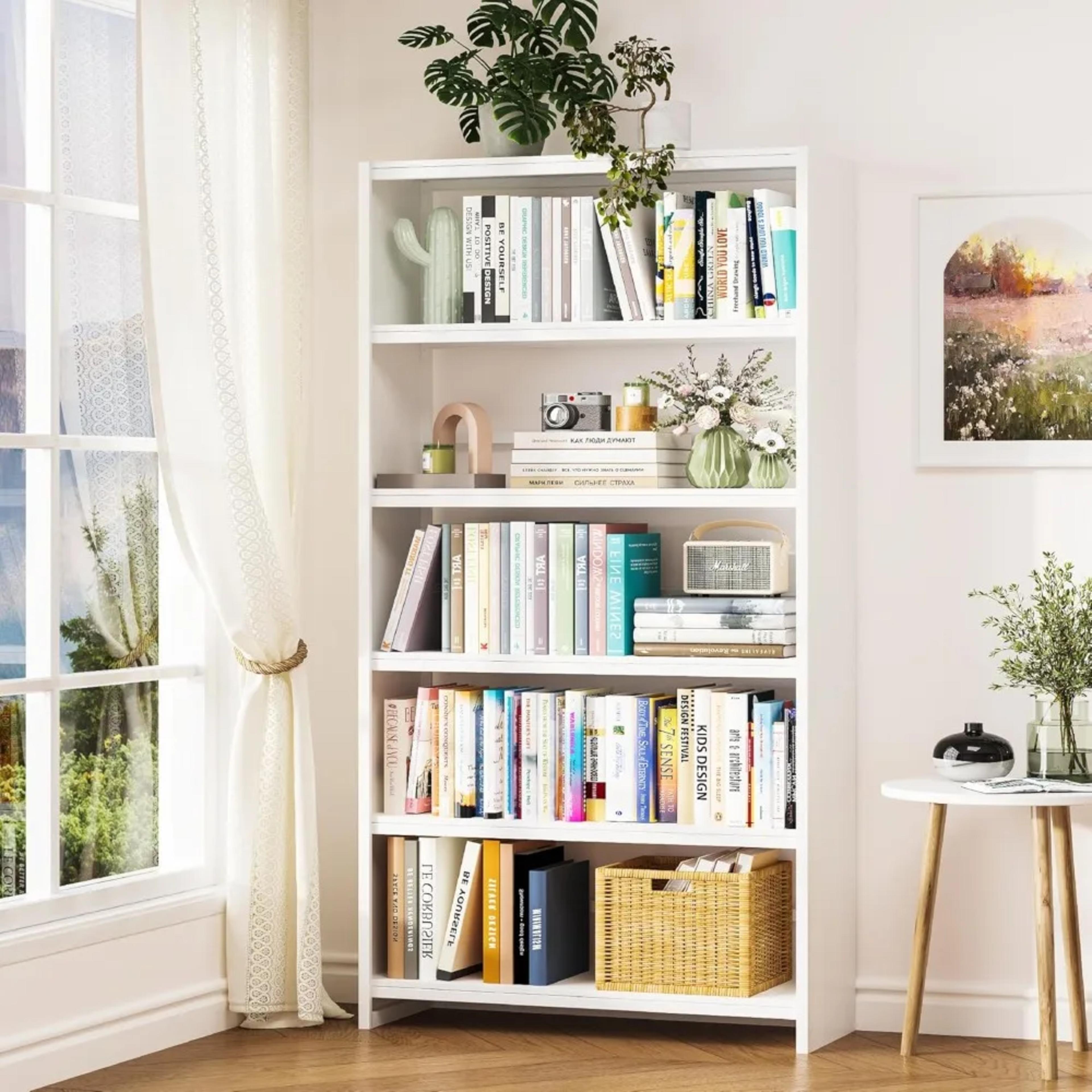 5-layer metal white bookshelf -69.3 high bookshelf, display storage rack with book ends, heavy-duty steel bookshelf view 3
