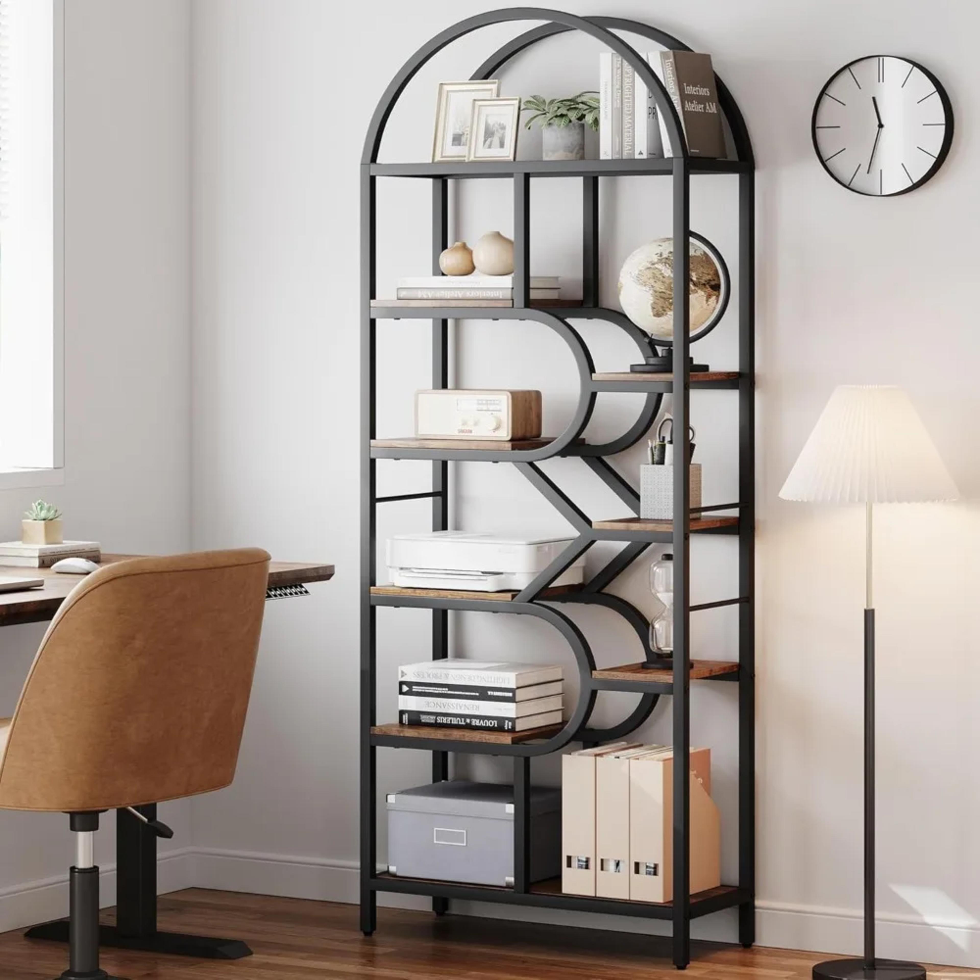 Geometric 6-Tier Metal Arched Bookshelf, 81.7 Tall Open Storage Display Rack for Unique Book Racks