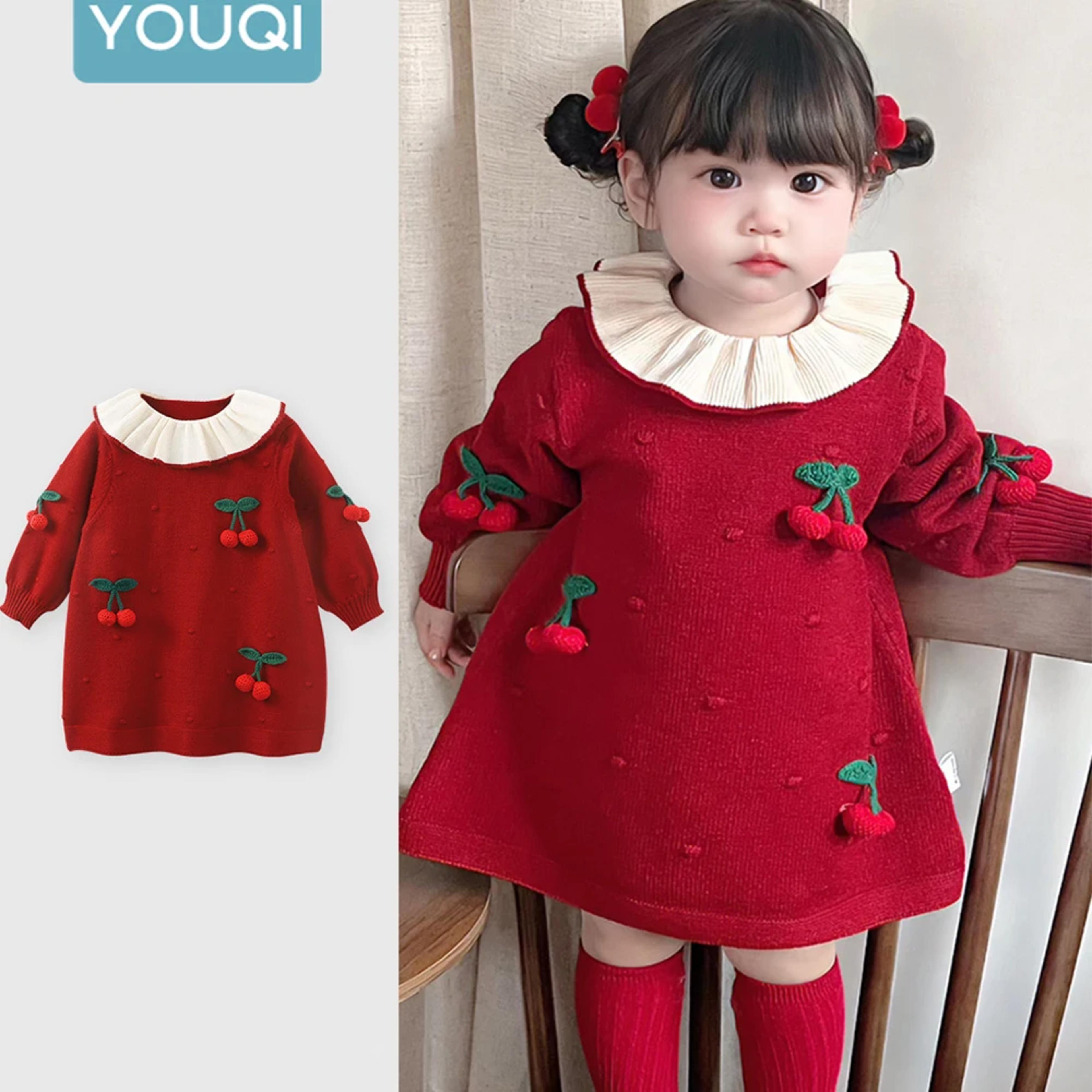 Girls' Princess Style Knitted Dress with Baby Lotus Collar Pure Cotton Autumn Sweater Skirt Sweet Cherry Design Cute Fashion