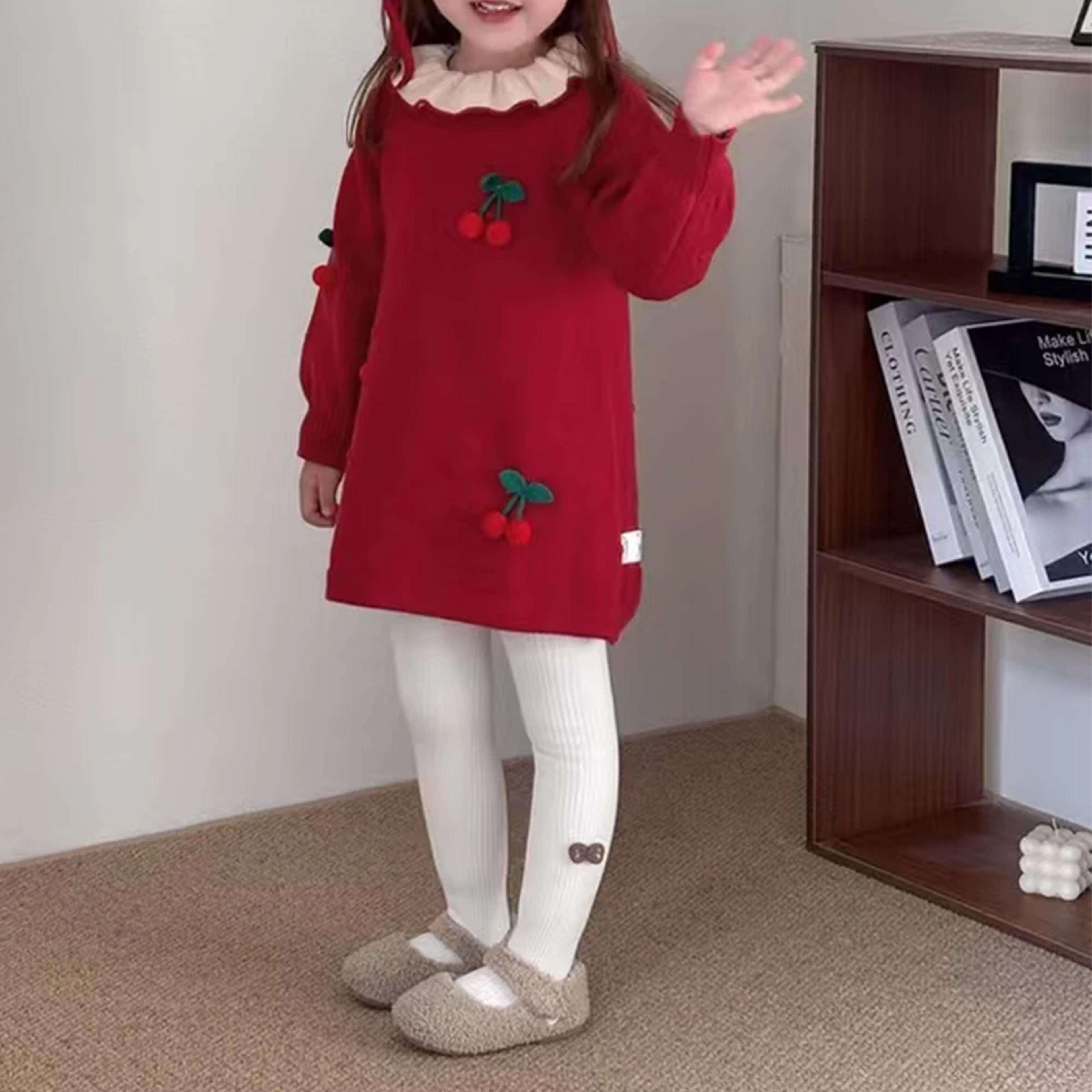 Girls' Princess Style Knitted Dress with Baby Lotus Collar Pure Cotton Autumn Sweater Skirt Sweet Cherry Design Cute Fashion alternate