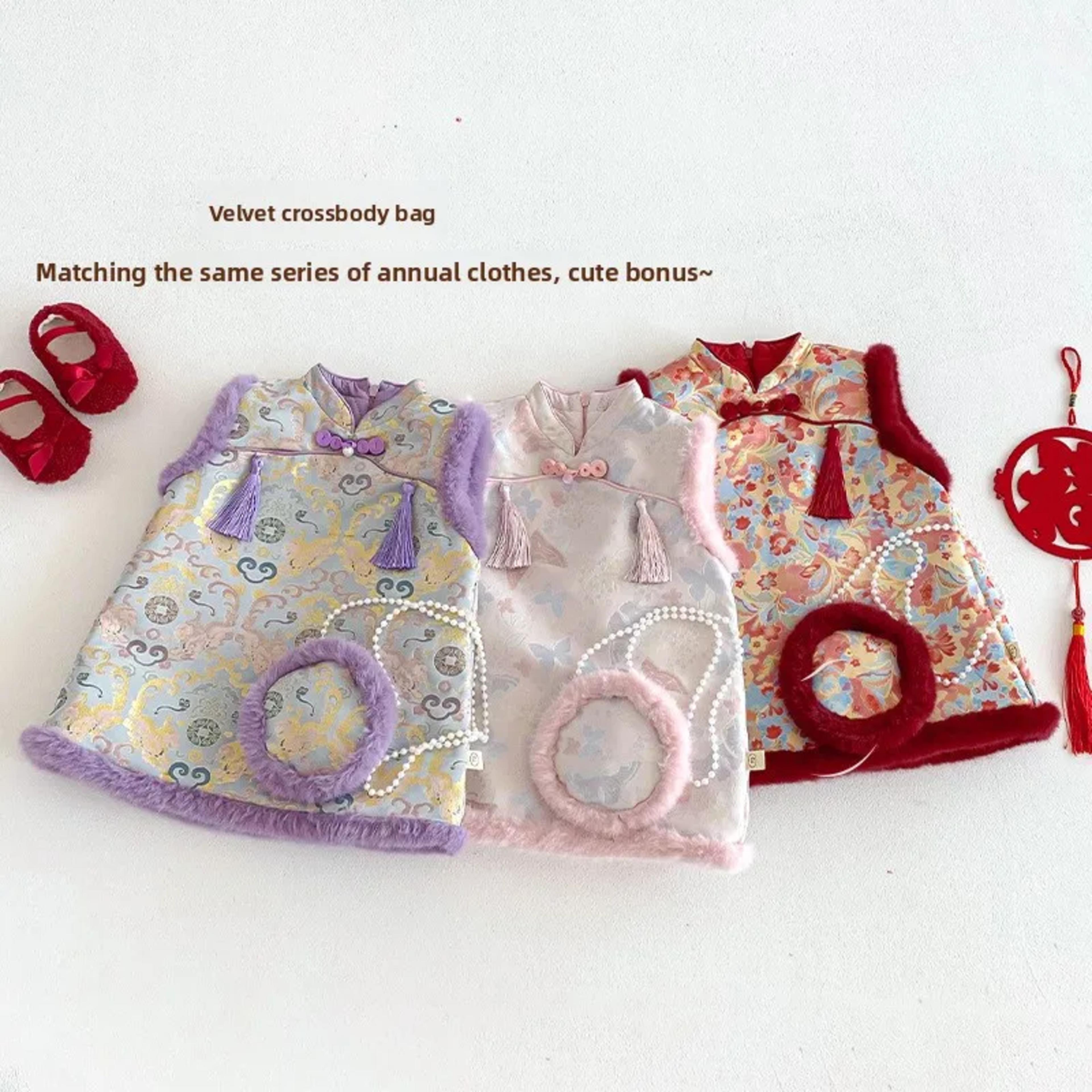 Girls' Retro New Year's Clothing with Accessories, Winter Baby Chinese Style Cotton Vest Skirt, Children's Tassel Dress alternate