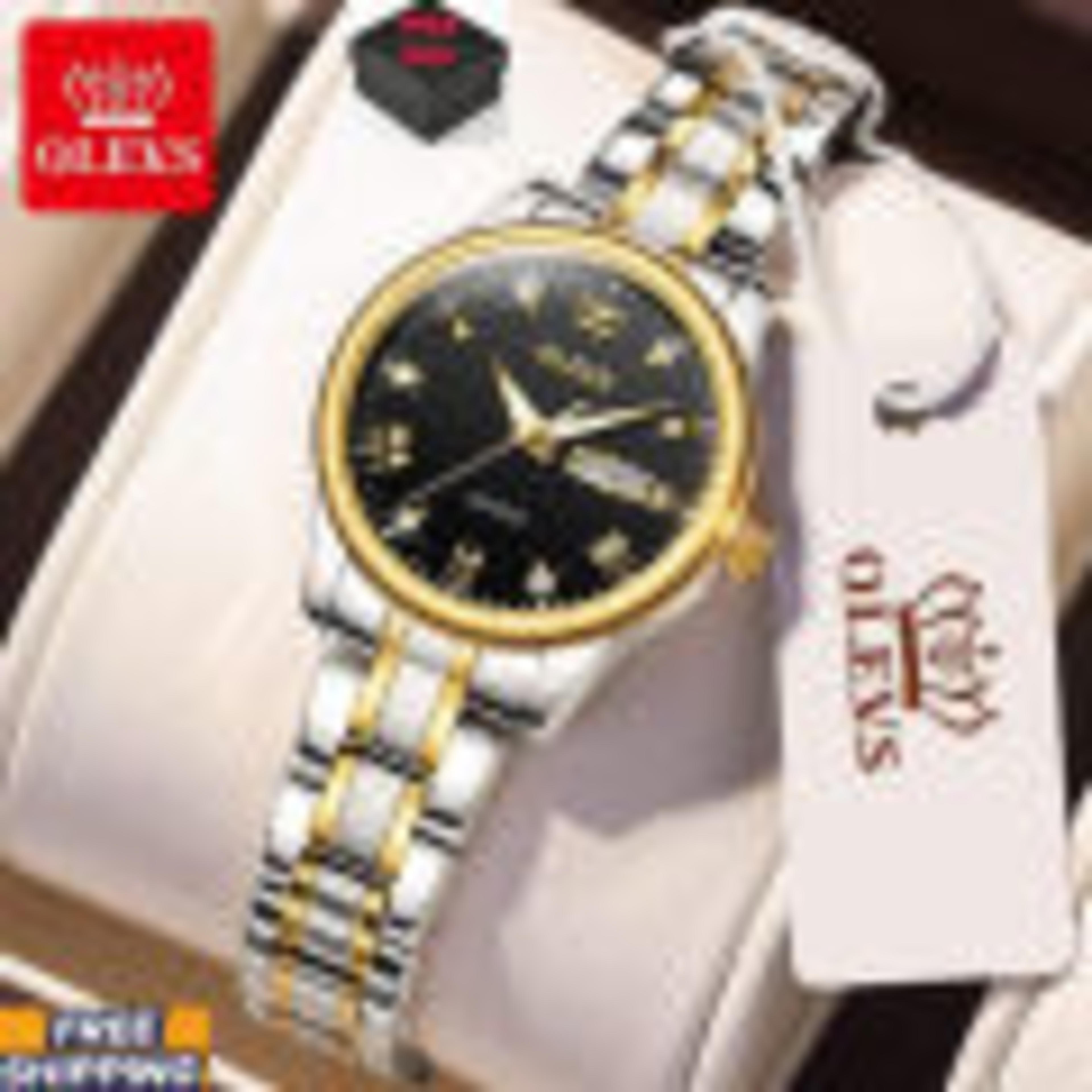 Olevs 4580 Silver & Golden Two Tone Stainless Steel Analog Wrist Watch For Women - White, Silver, Black & Golden Dynamic Fashion view 3