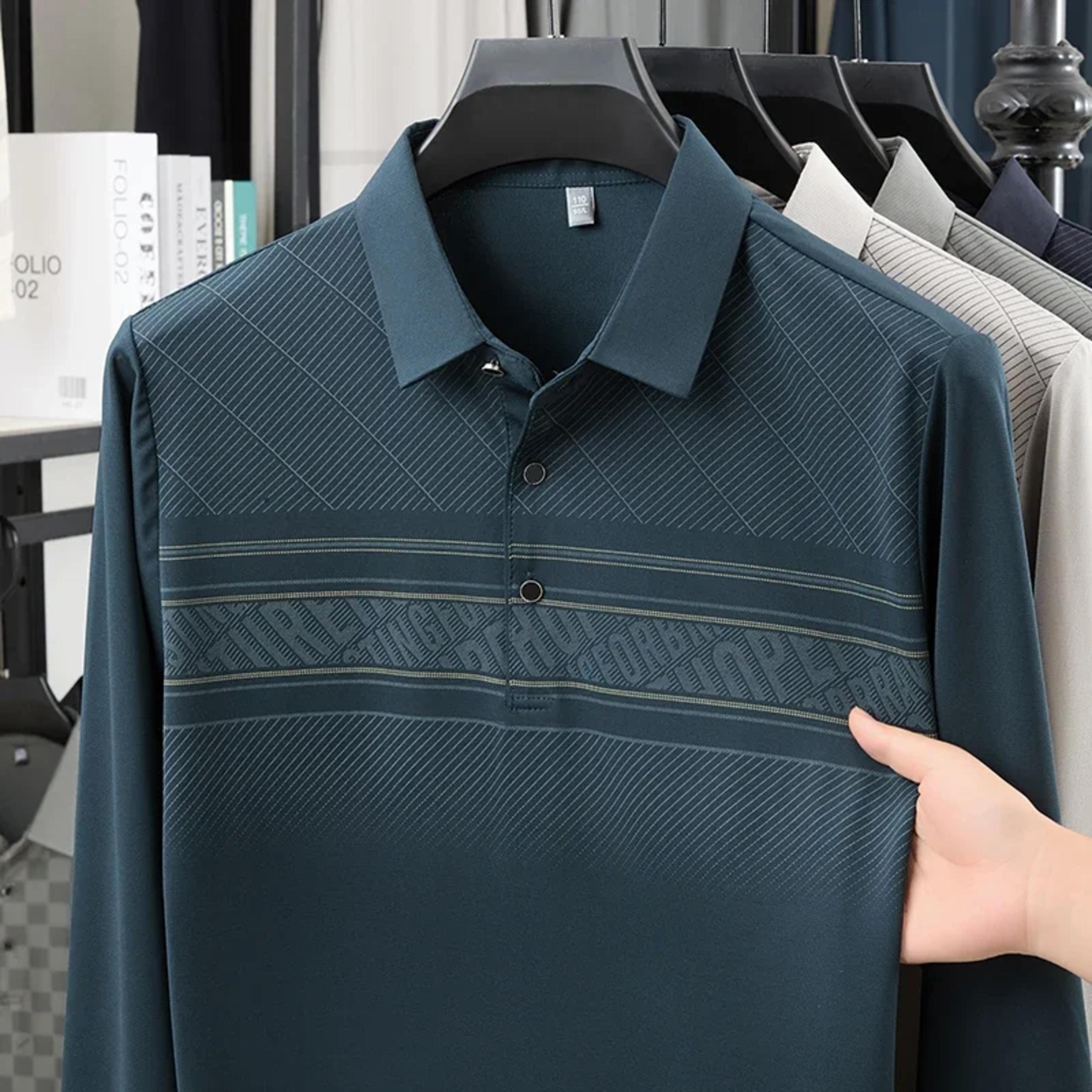 TFETTERS Elegant T Shirt for Man 2025 Spring Autumn Tops Long Sleeve Turn Down Collar Graphic Smart Casual T-shirt for Men alternate