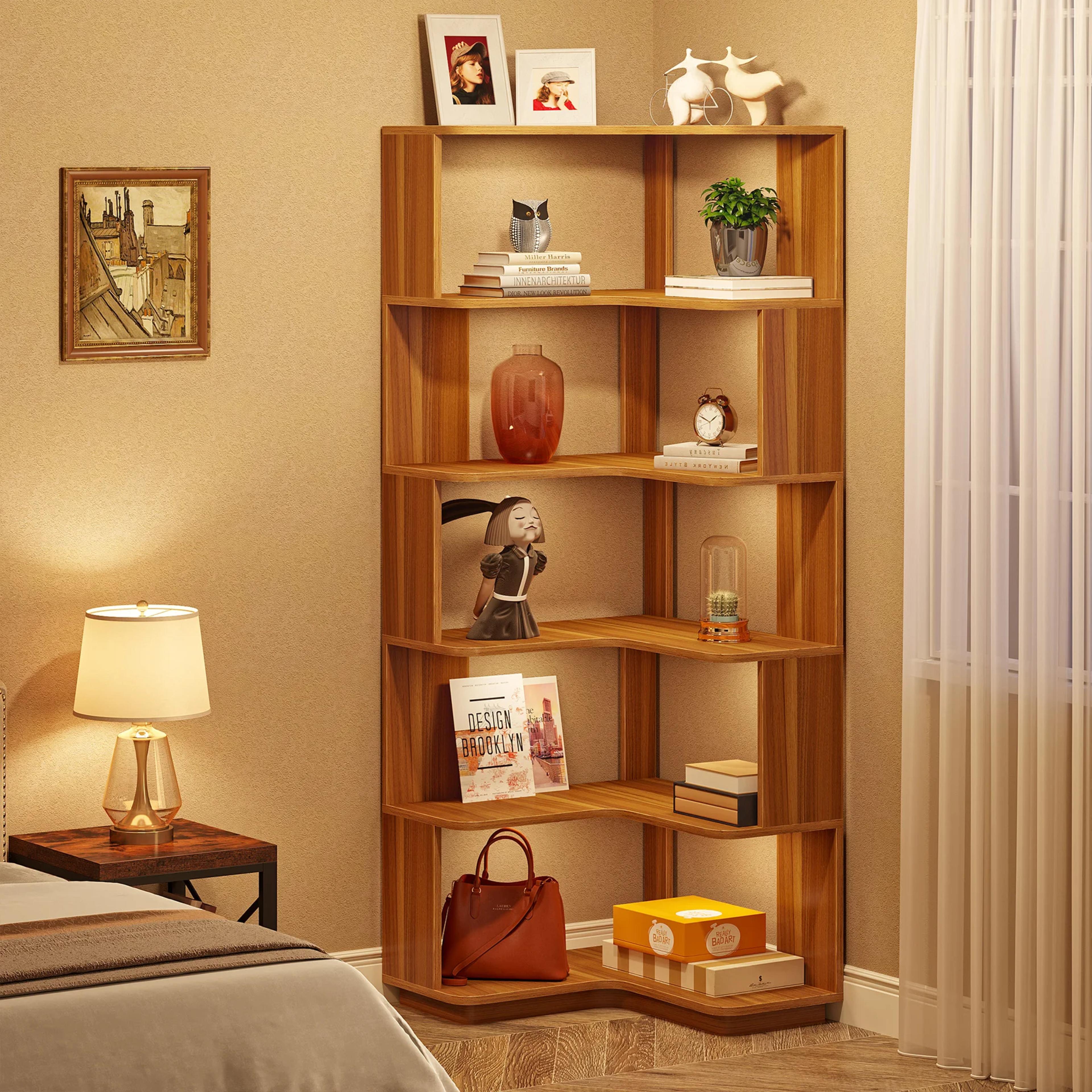 Tribesigns 6 Tier Corner Bookshelf, 64.96 Inch Tall Industrial Corner Bookcase with Anti-Drop Panel,Wood Grain Corner Shelf view 3