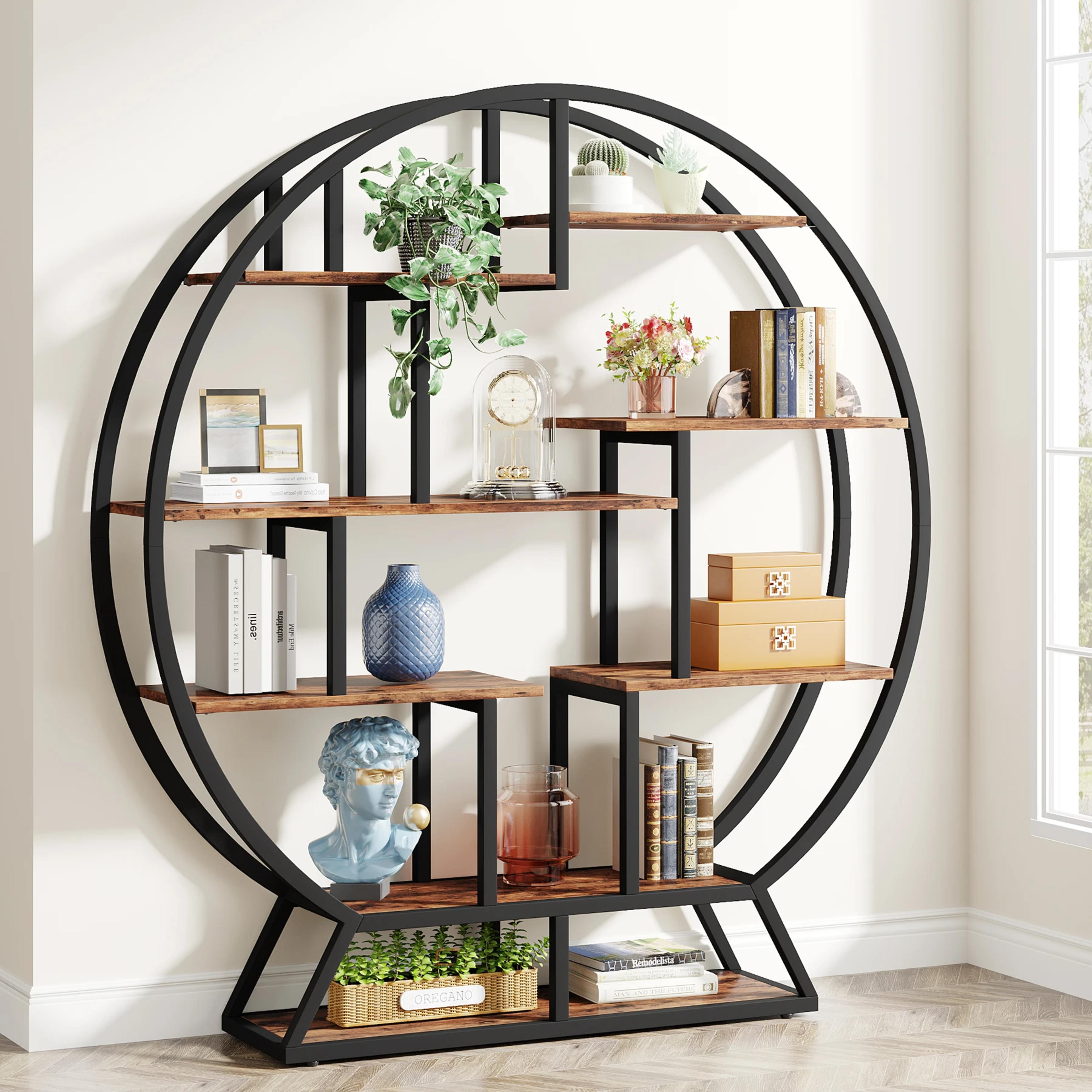 Tribesigns Bookshelf, Round Bookshelves Etagere Bookcase, 63-Inch Industrial Wood Book Shelf with Staggered Shelves alternate