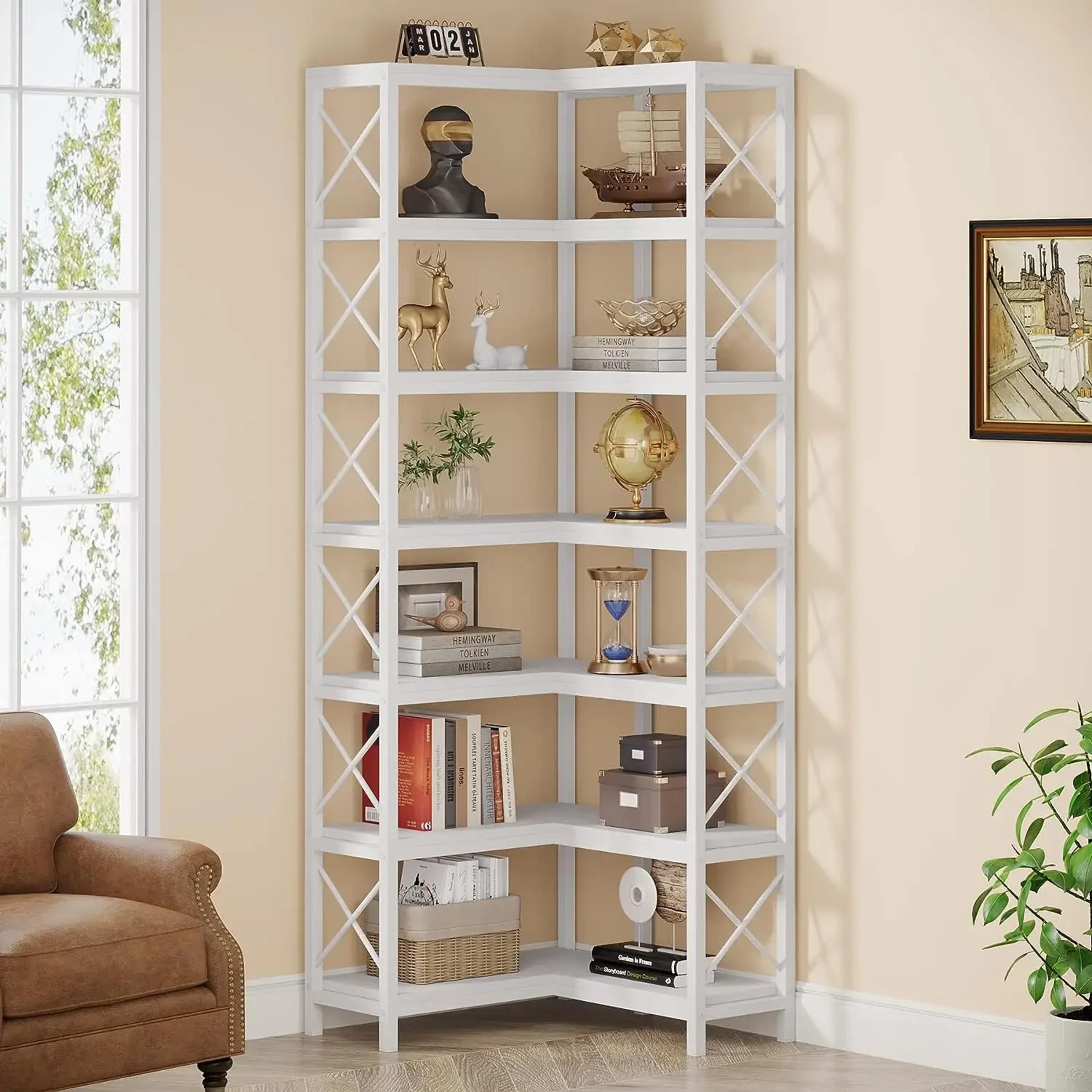 TRIBESIGNS WAY TO ORIGIN 7 Shelf Corner Bookcase, Industrial Corner Bookshelf, 7-Tier Tall Corner Shelf Storage Display Rack