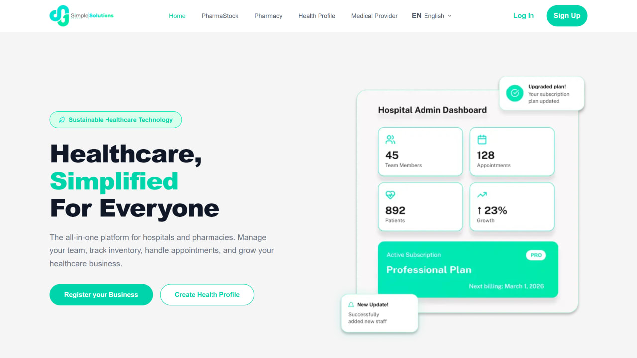 Simple Solutions landing page: 'Healthcare, Simplified For Everyone', with calls to action for businesses and patients beside a hospital dashboard preview.