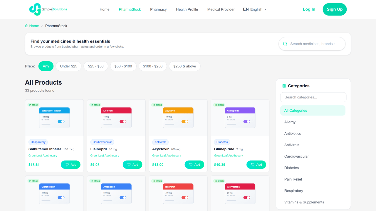 PharmaStock public storefront listing medicines from several approved pharmacies with stock badges, price and category filters, and add-to-cart buttons.