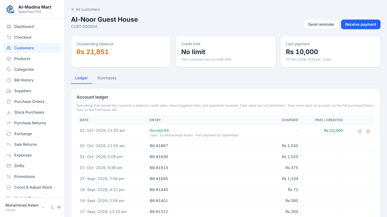 A customer's khata ledger in SalezFlow POS with the outstanding balance, credit limit, last payment, and dated credit bills alongside a payment receipt.