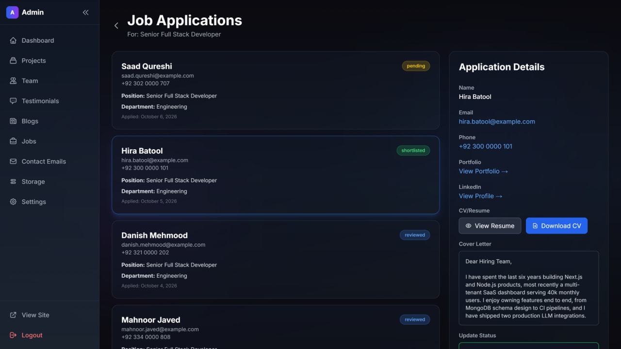 Admin 'Job Applications' screen listing applicants for Senior Full Stack Developer with status badges, and a details panel showing contact links, View Resume and Download CV buttons and a cover letter