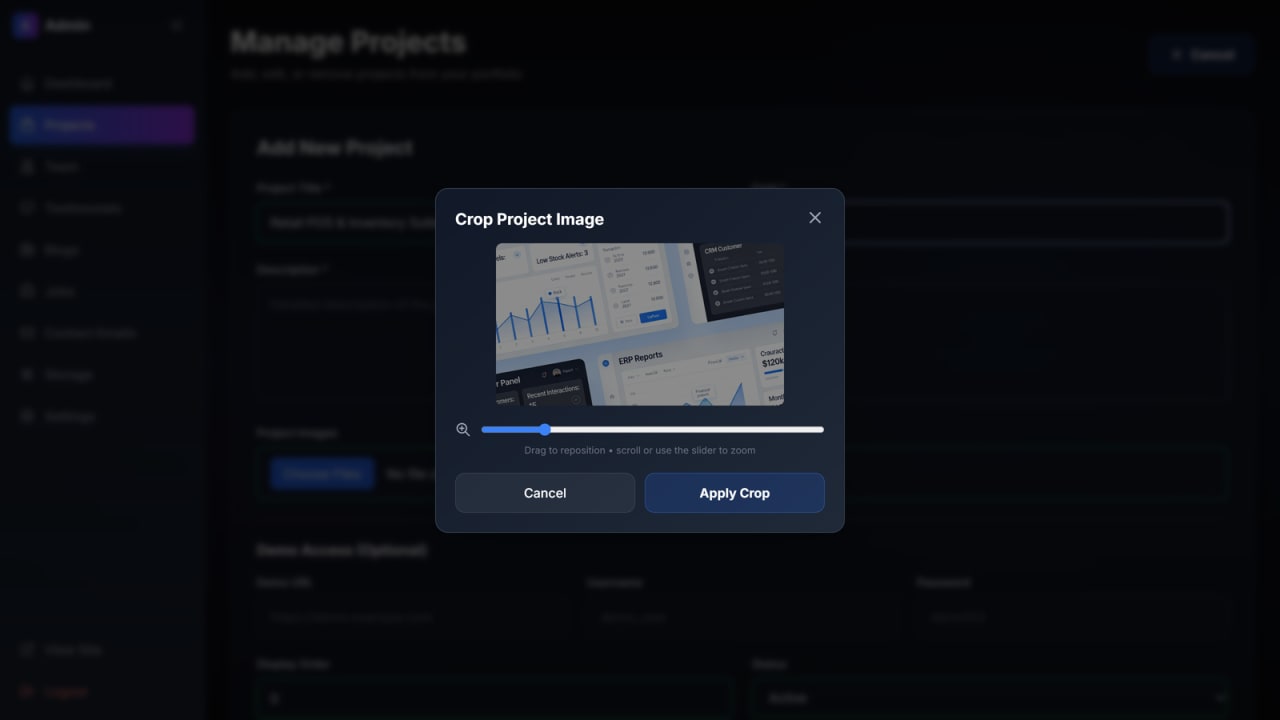 Crop Project Image dialog over the Add New Project form, showing a 16:9 crop window on a dashboard illustration with a zoom slider and Cancel and Apply Crop buttons