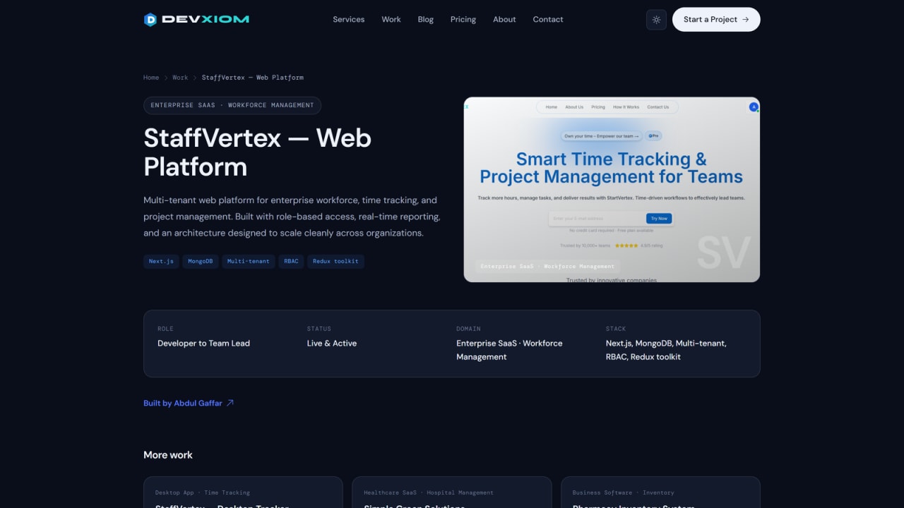 Devxiom case study page for 'StaffVertex — Web Platform' showing breadcrumbs, category tag, summary, tech pills, a product screenshot, and a Role / Status / Domain / Stack summary panel.
