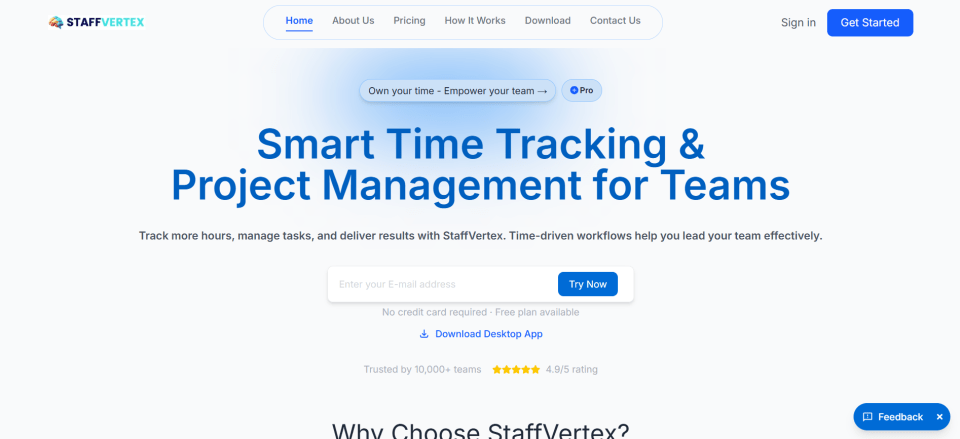 Landing page introducing StaffVertex — the platform's workforce management features and value proposition.