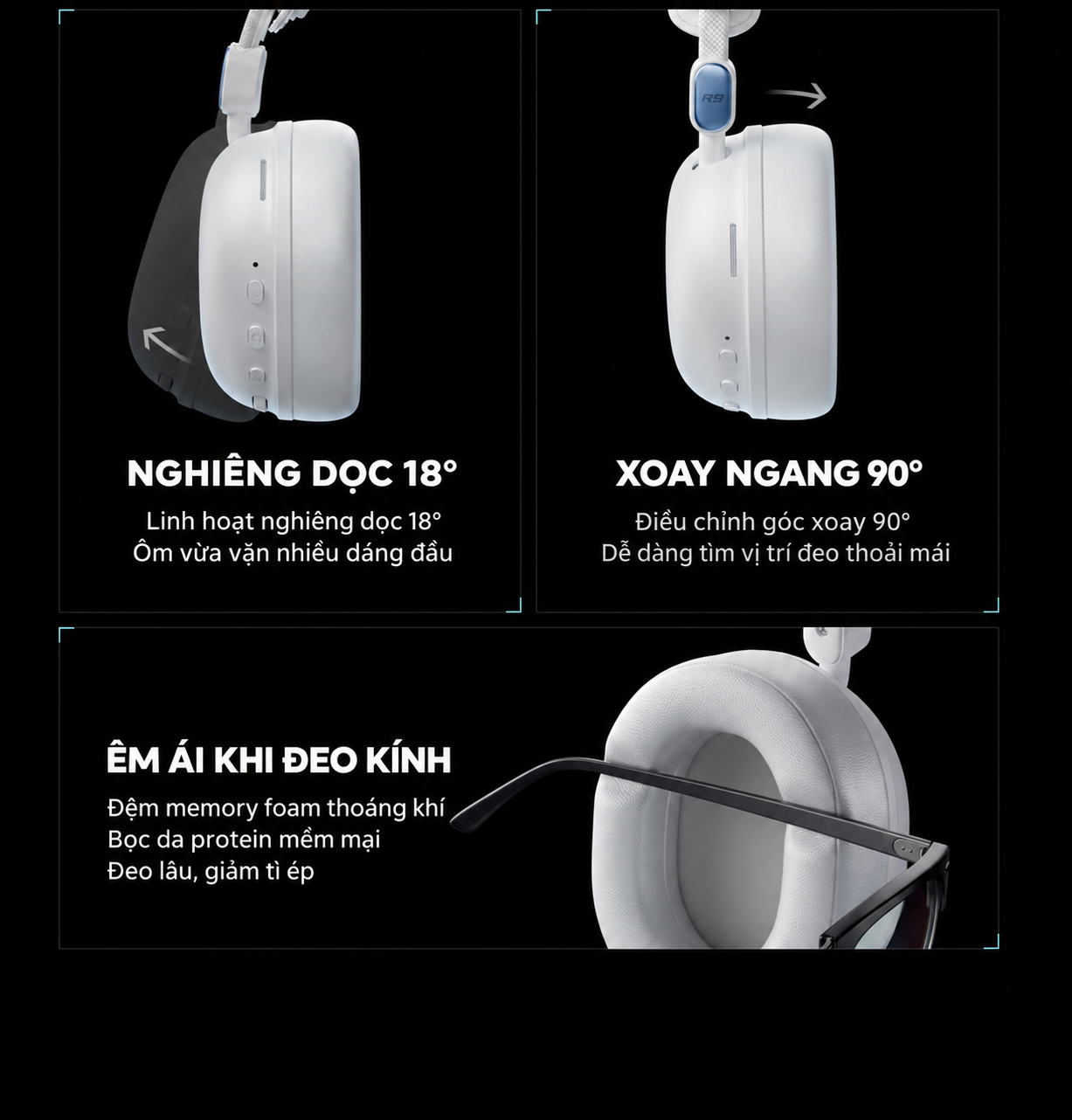 Chụp tai MCHOSE R9 nghiêng dọc 18 độ, xoay ngang 90 độ và đệm tai phù hợp người đeo kính