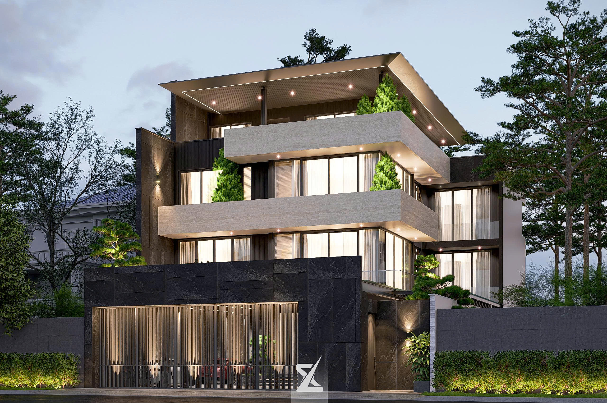 Phối cảnh mặt tiền ban đêm rực rỡ của Lucent Villa