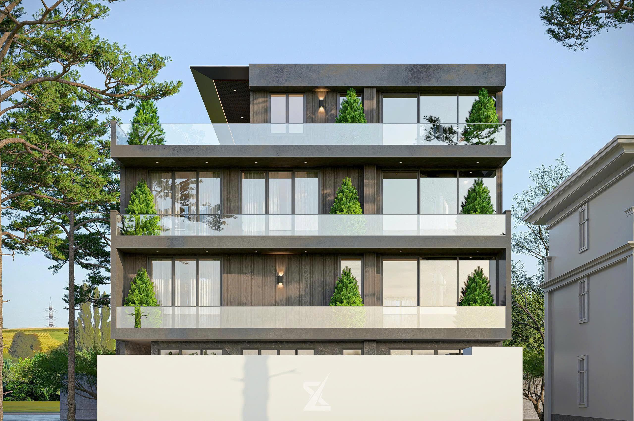 Mặt hông thoáng đãng với lan can kính tràn viền của Lucent Villa