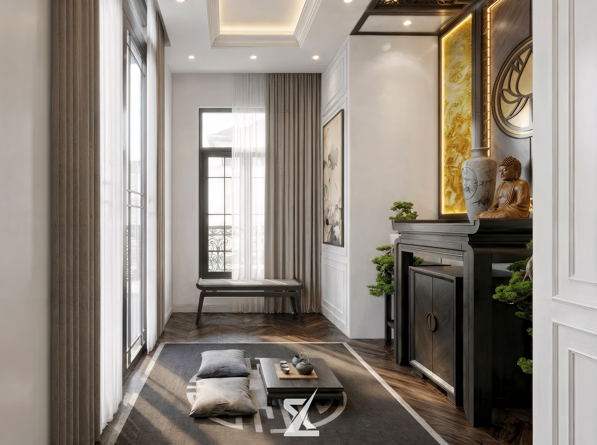 Không gian phòng thờ và góc thiền trà trang nghiêm, thanh tịnh tại AN GIA VILLA