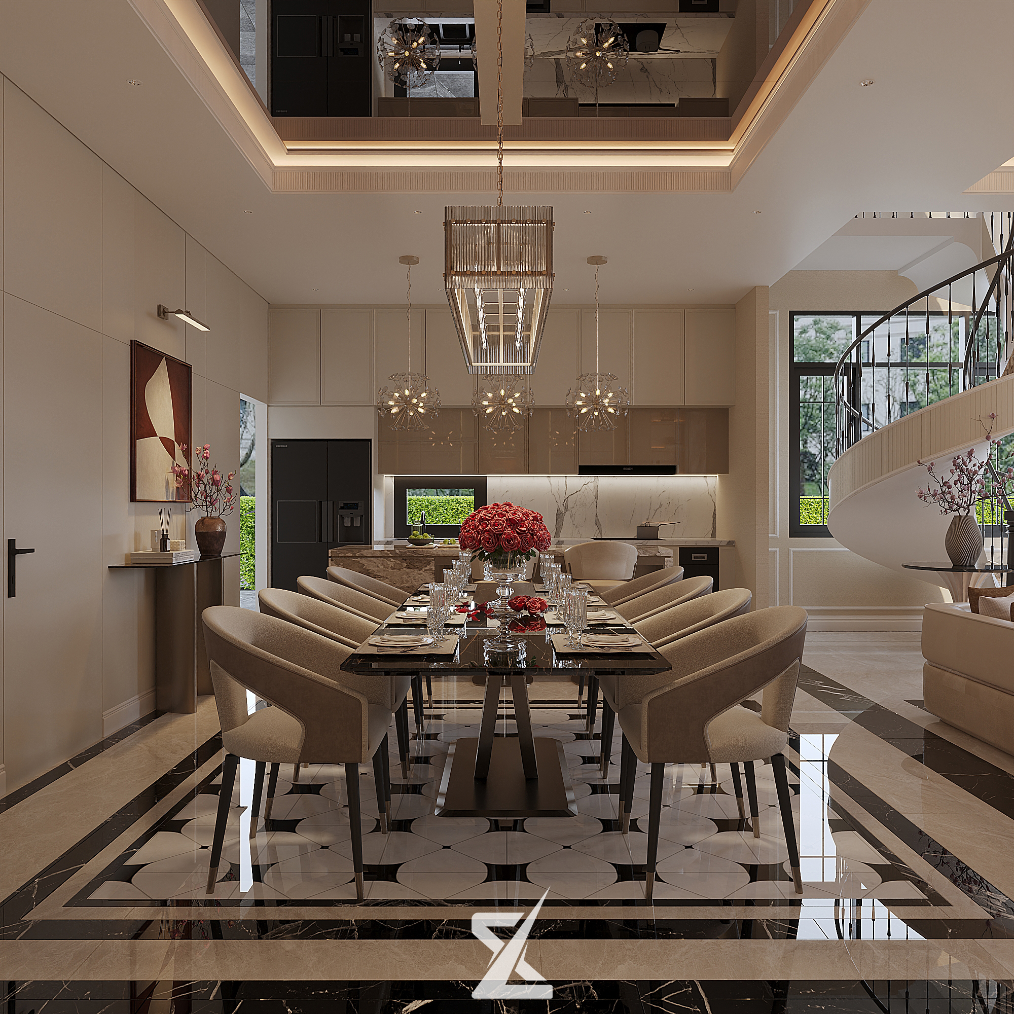 Khu vực phòng ăn 8 ghế sang trọng liền kề cầu thang xoắn ốc nghệ thuật tại AN GIA VILLA