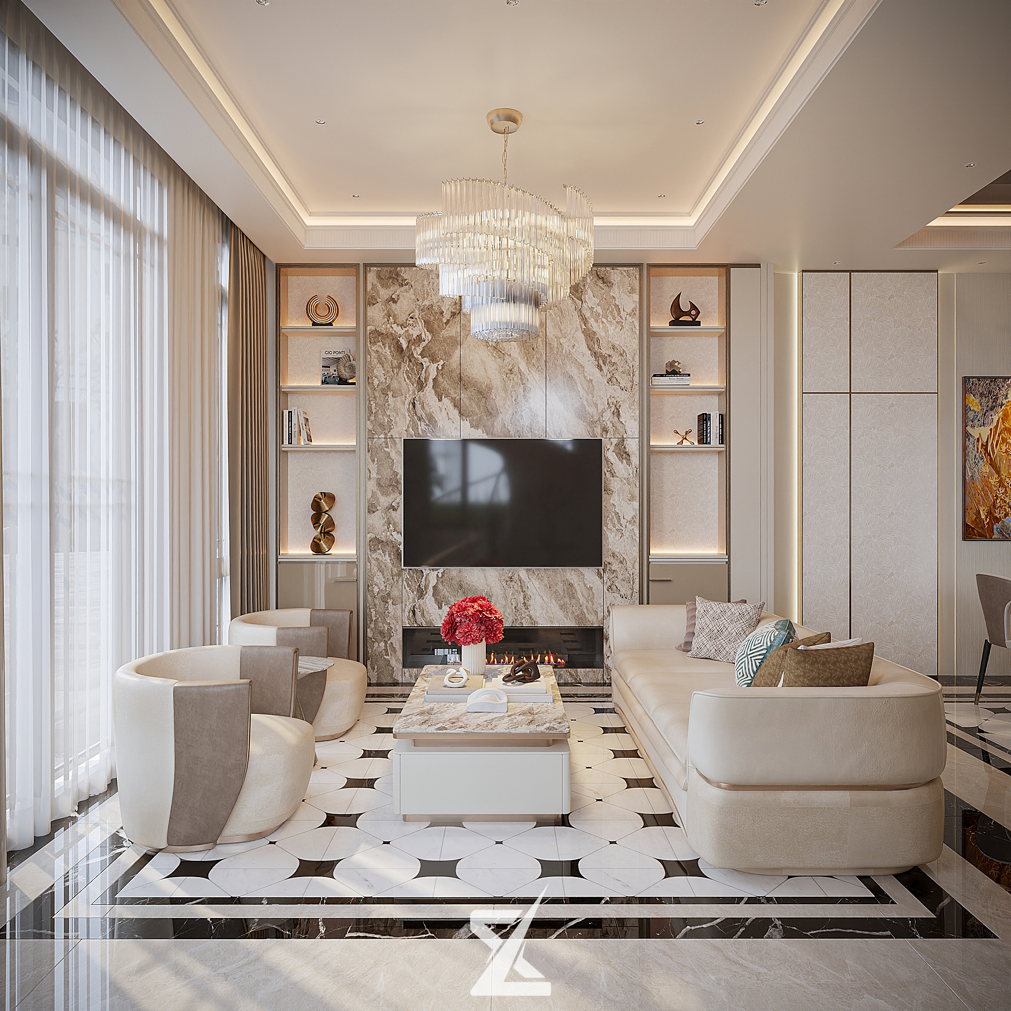 Nội thất phòng khách AN GIA VILLA với vách đá marble bookmatched và bộ sofa da cao cấp