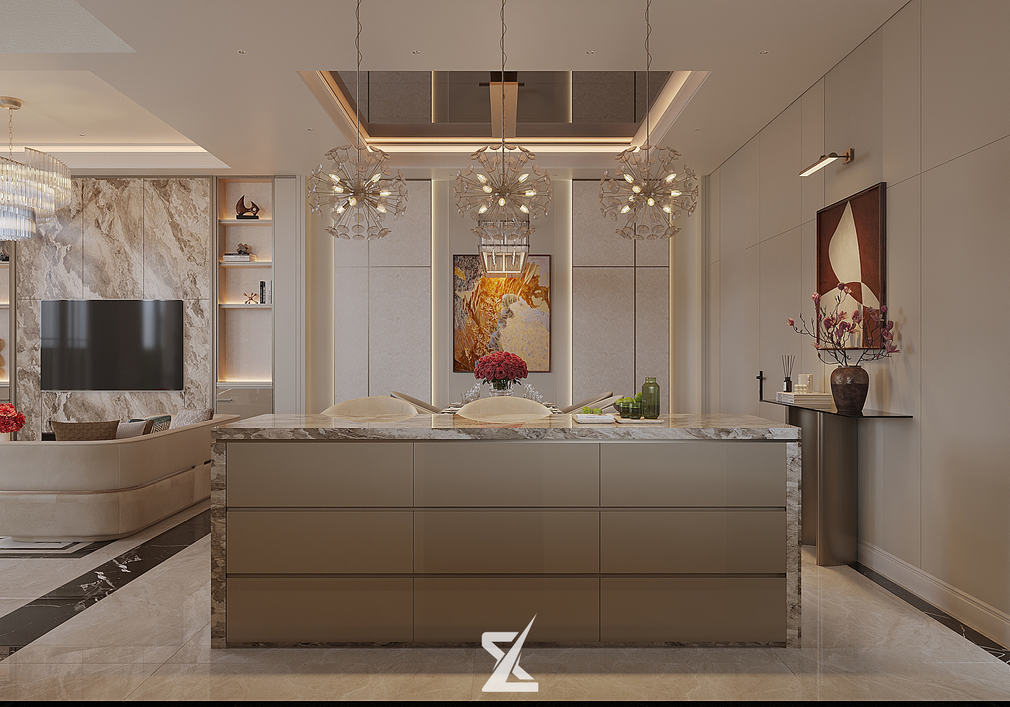 Bàn đảo bếp hiện đại kết hợp quầy bar sang trọng tại AN GIA VILLA