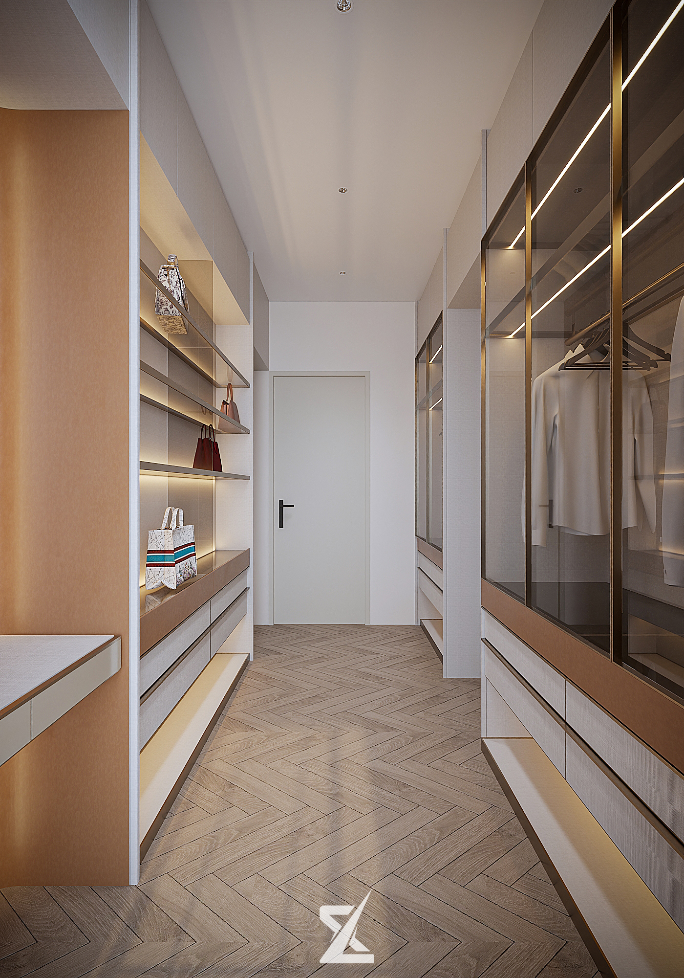 Phòng thay đồ Walk-in Closet đẳng cấp với tủ cánh kính khung nhôm mạ vàng