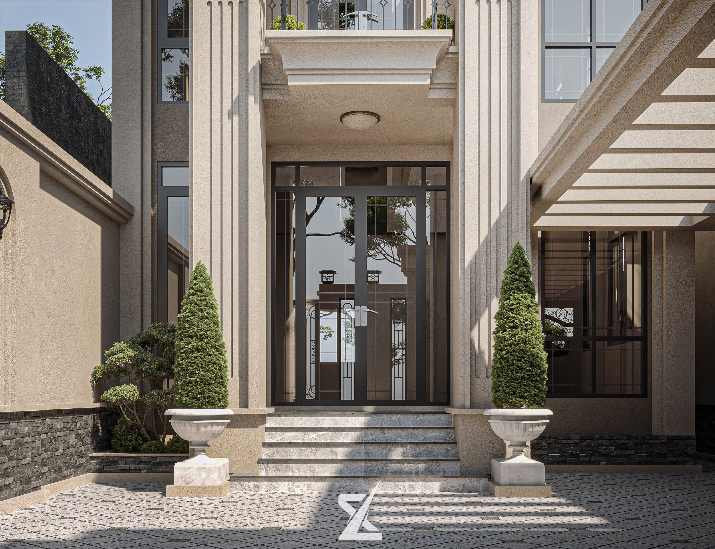 Sảnh đón chính biệt thự AN GIA VILLA với thức cột tân cổ điển và cửa kính vòm cao cấp