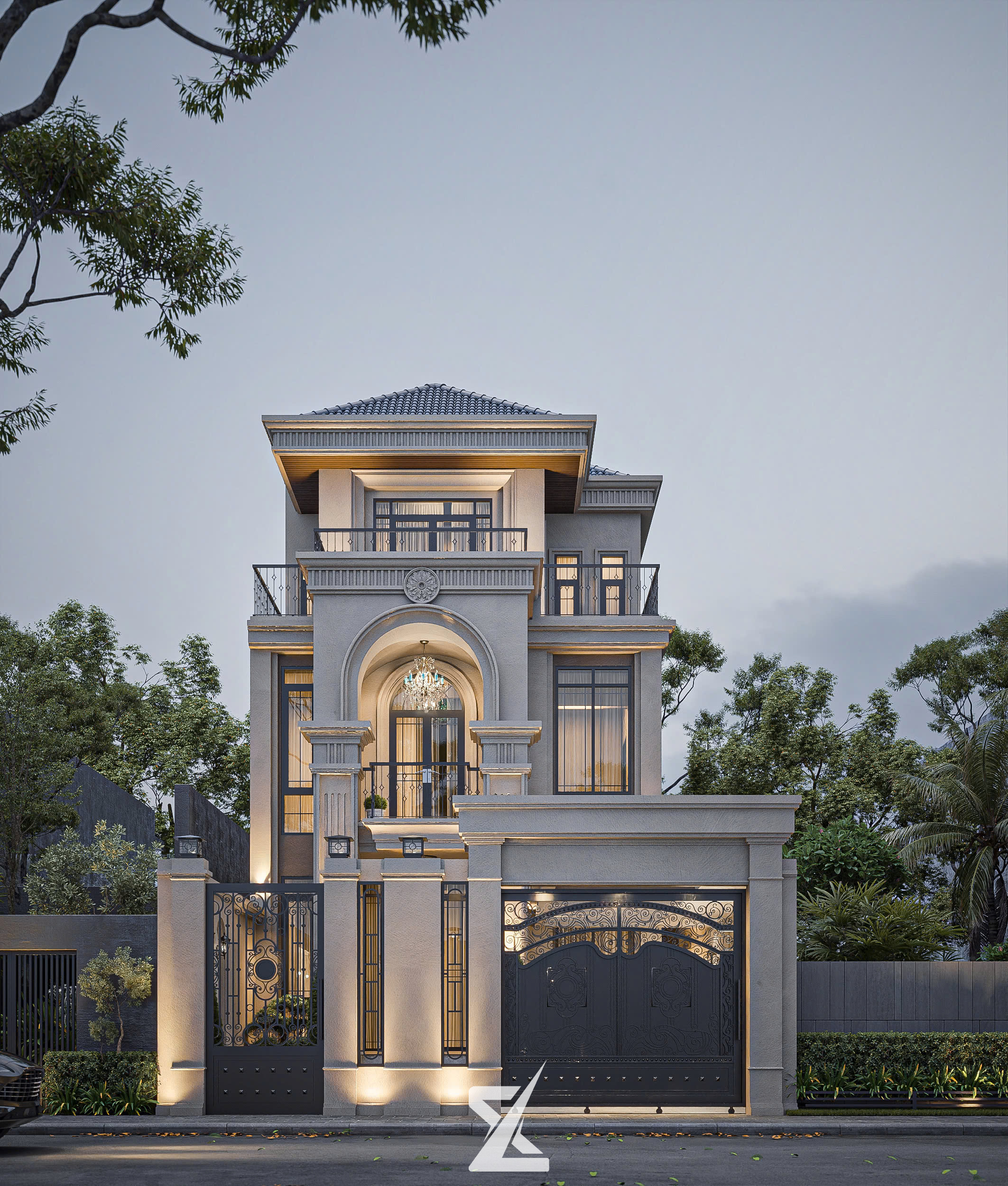 Phối cảnh mặt tiền AN GIA VILLA lung linh về đêm với hệ thức cột đăng đối và ánh sáng vàng ấm áp