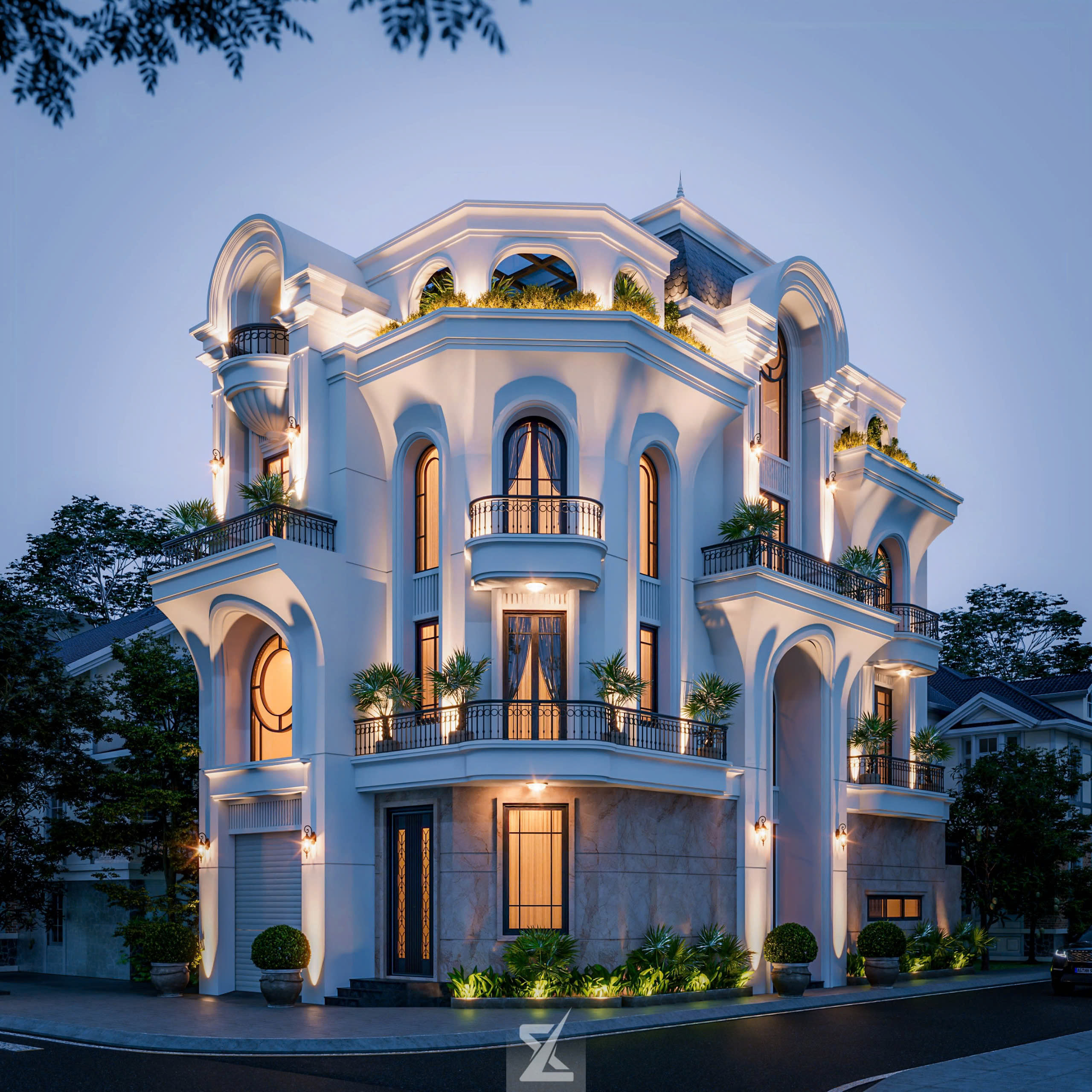 Phối cảnh đêm lung linh của Lanhi Villa 2 mặt tiền với hệ thống đèn nghệ thuật