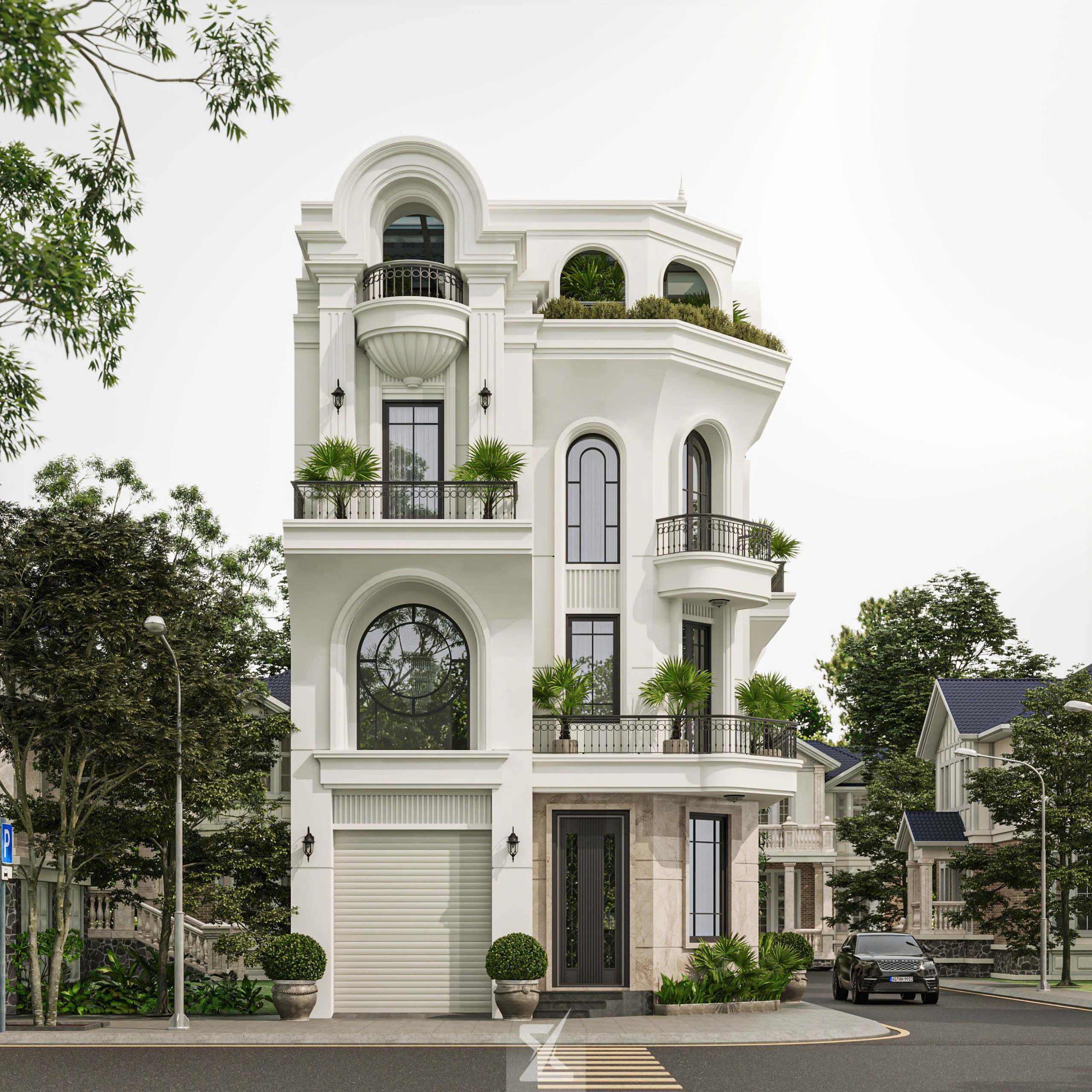 Mặt tiền chính trực diện 10m của Lanhi Villa với gara ô tô và vòm kính thông tầng