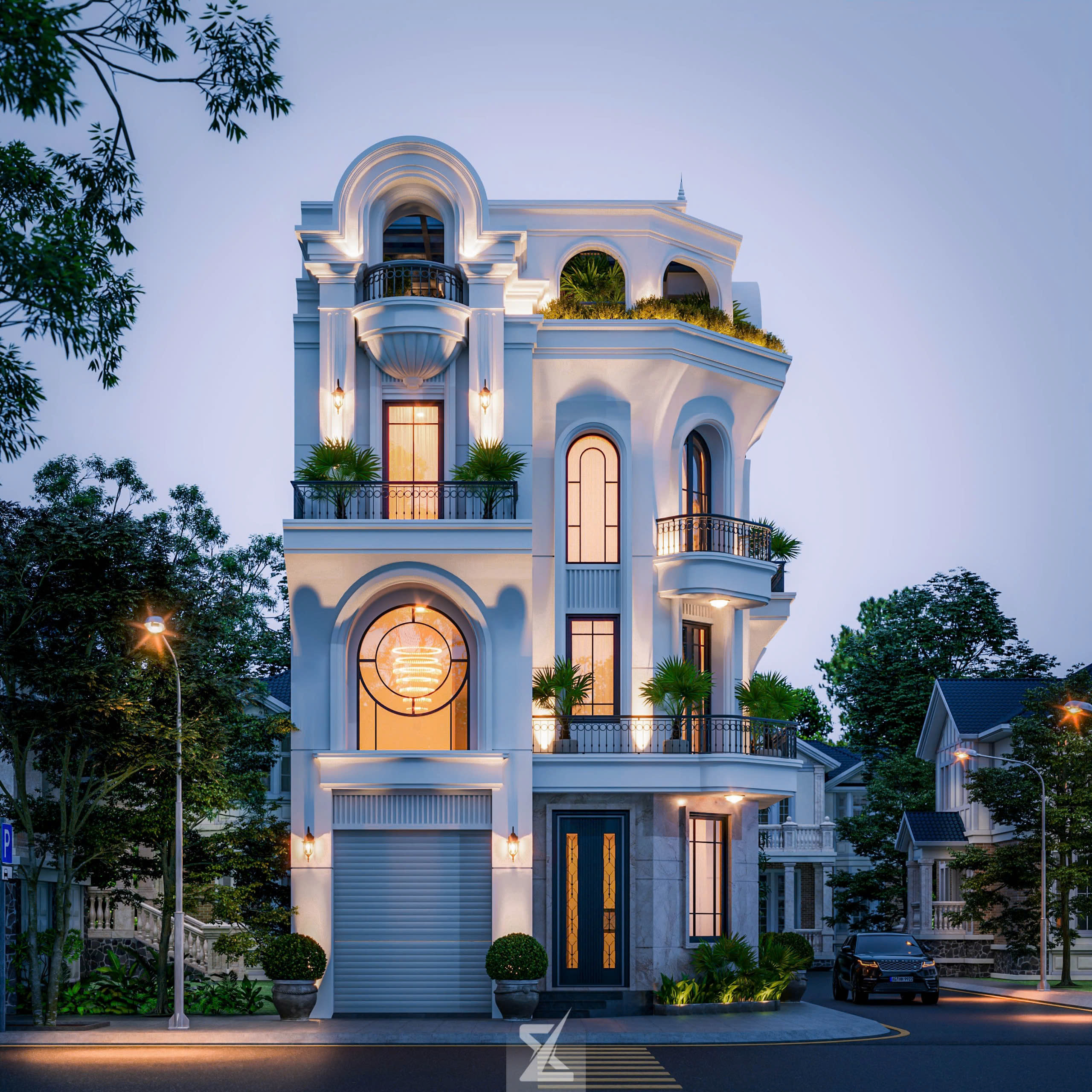 Mặt tiền chính trực diện ban đêm phô diễn đèn chùm pha lê qua khung kính vòm tròn