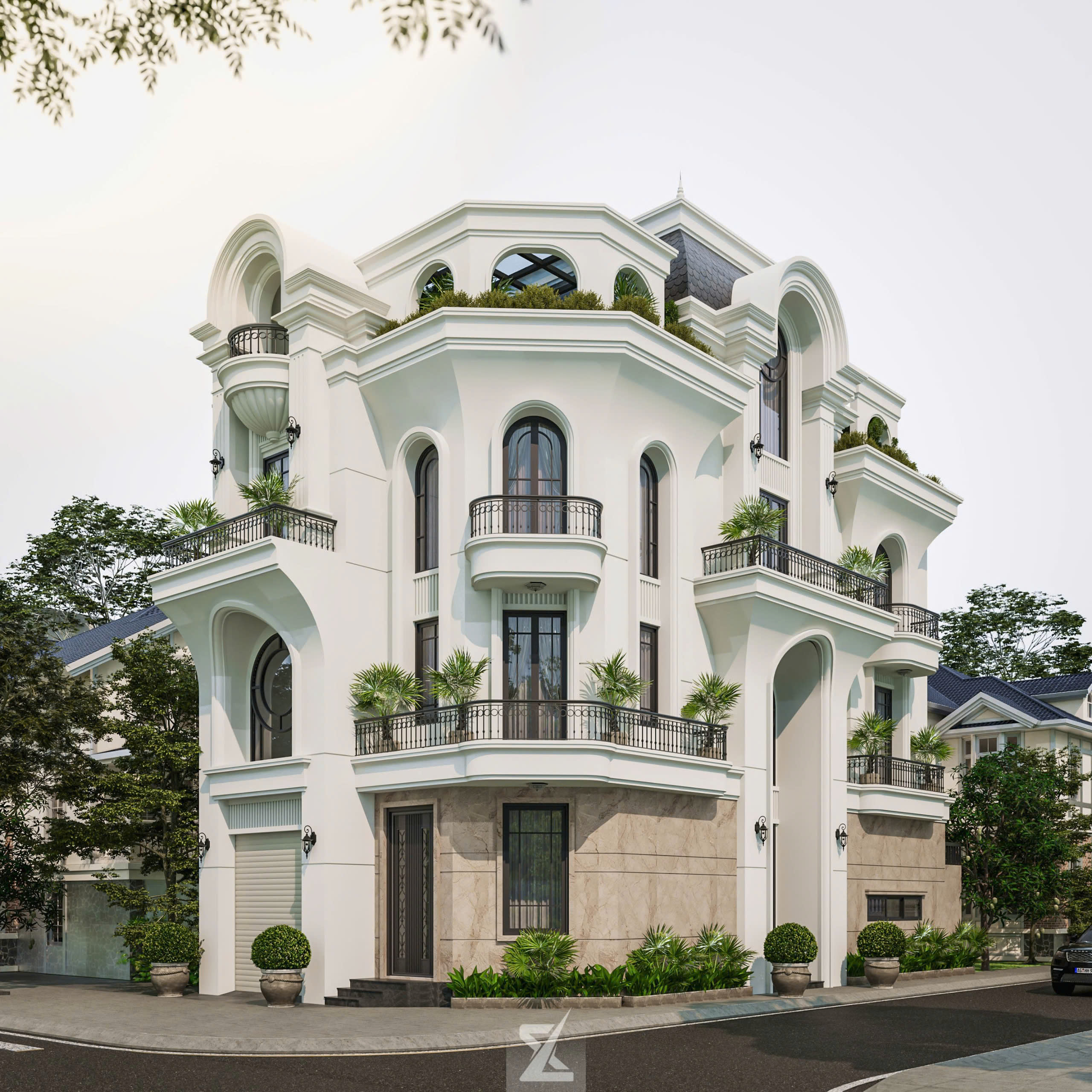 Phối cảnh toàn diện biệt thự tân cổ điển Lanhi Villa trên lô góc 2 mặt tiền ban ngày